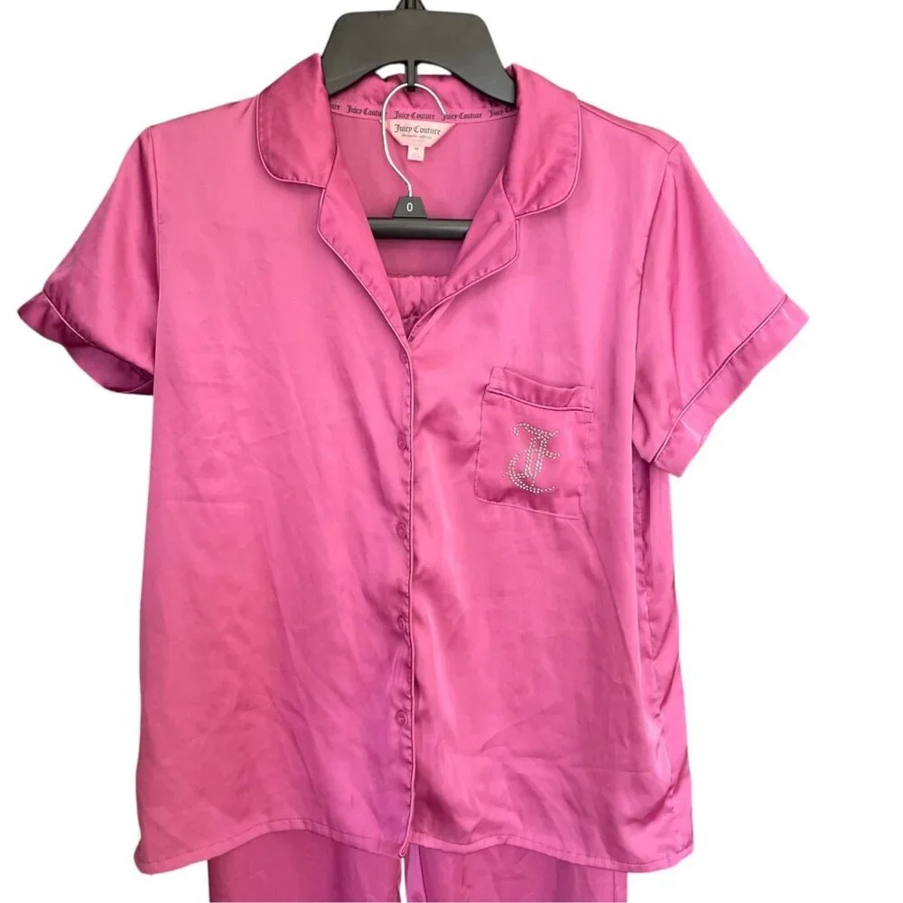 Juicy Couture Pink Satin Pajama Set | Rhinestone Bling Logo PJs Y2K Z M